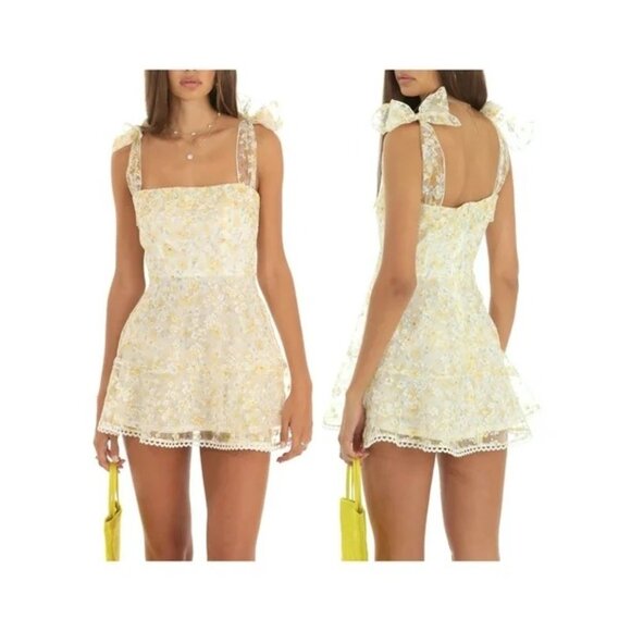 Lucy In The Sky Yellow & White Floral Tie-Up Mini Dress S Party Event - Picture 1 of 9